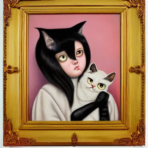 Prompt: Girl holding an annoyed cat, lowbrow painting by Mark Ryden