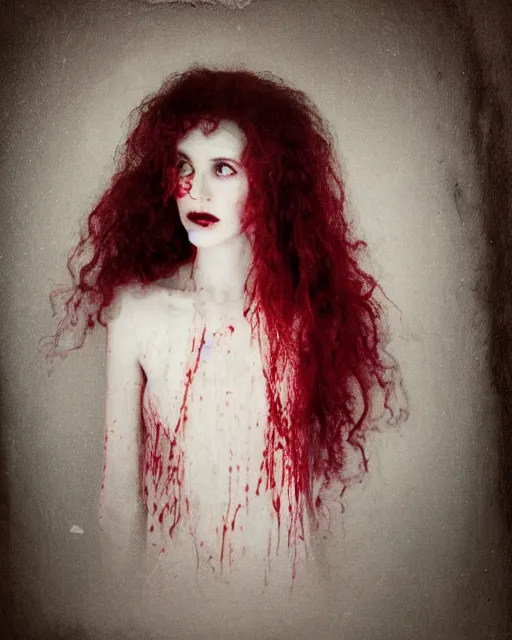 Prompt: an instant photo of a beautiful but sinister ghost in layers of fear, with haunted eyes and curly hair, 1 9 7 0 s, seventies, delicate embellishments, a little blood, crimson, painterly, offset printing technique, mary jane ansell