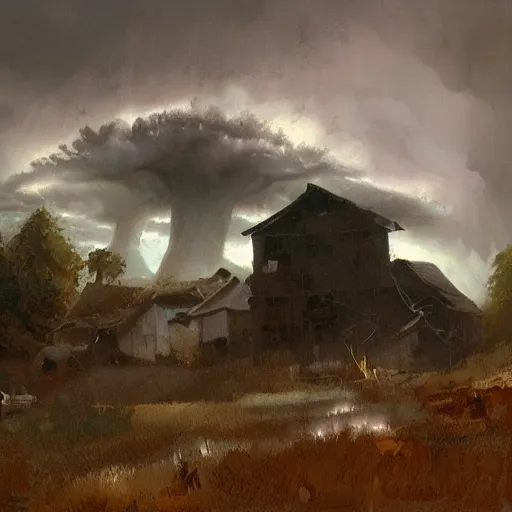 Prompt: a evil thunderstorm overtop a small farm, eerie, craig mullins