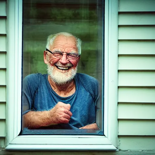 Prompt: an unseen smiling old man seen through a window