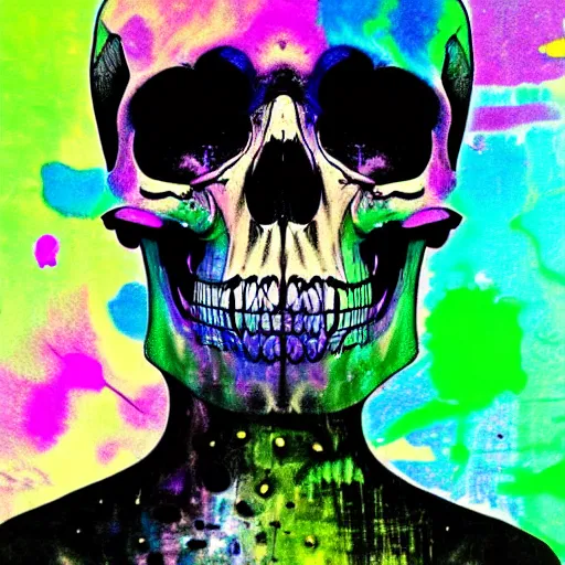 Image similar to human skull, trippy, glitch, paint dripping, miyazaki