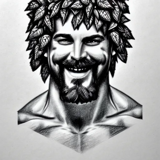 Prompt: portrait of smiling muscled bearded god dionysus with leaves and grape in his hair, tom finland, pencil drawing