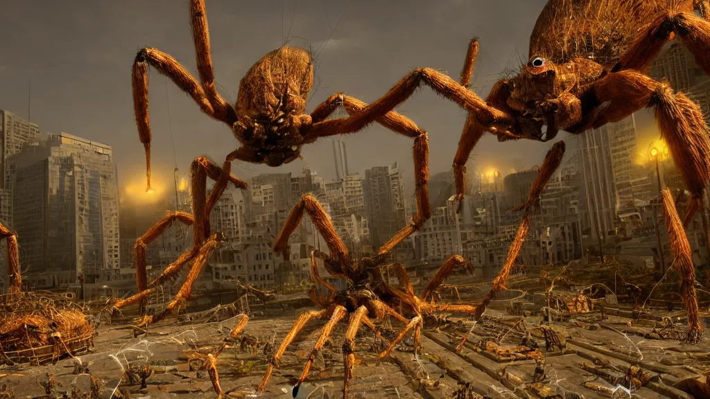 Image similar to giant spiders attacking the city, realistic, arachnophobia, unreal engine 5, global illumination, detailed environment, bright colours, cinematic, atmosphere, 4 k