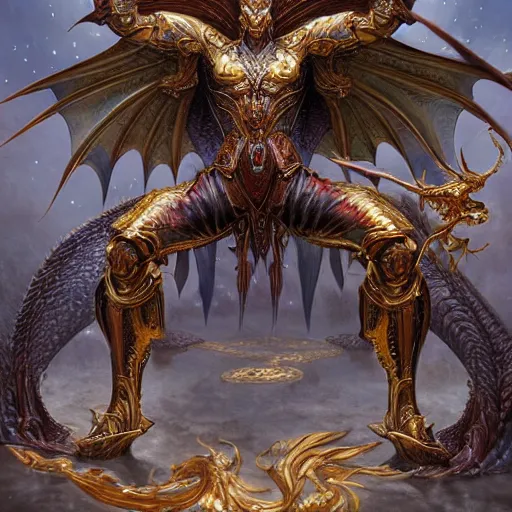 Image similar to a beautiful symmetrical muscular full body wearing a dragon armor with wings made of golden ornaments and gems, by alex gray and android jones , Karol Bak, Ayami Kojima, Amano , concept art, character design, fantasy,3D, 8k resolution