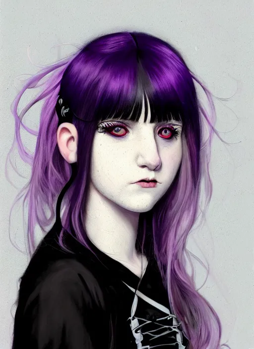 Image similar to portrait of white teenage girl named shrill prisston, normal face, black bangs, mall goth, cyberlox, black hair white bangs, fluffy bangs, red irises, purple hairband, intricate, elegant, highly detailed, digital painting, artstation, concept art, sharp focus, smooth, illustration, art by wlop, mars ravelo and greg rutkowski