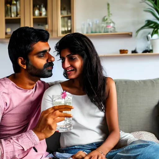 Image similar to indian guy and swedish girl drinking gin and tonics on the couch