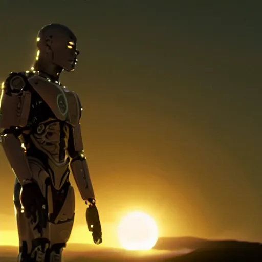 Prompt: movie still of cyborg looking at the sun, cinematic composition, cinematic light, criterion collection, by edgar wright
