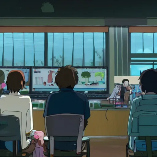 Prompt: animated movie scene portraying remote startup life in the new miyazaki film