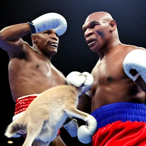 Prompt: Mike Tyson boxing with a kangaroo, realistic, 8K, award winning