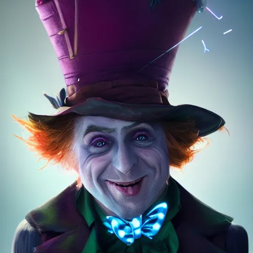 Image similar to The Mad Hatter, huggy wuggy from poppy playtime video game, fullbody, ultra high detailed, glowing lights, oil painting, Greg Rutkowski, Charlie Bowater, Beeple, unreal 5, DAZ, hyperrealistic, octane render, RPG portrait, dynamic lighting, fantasy art, beautiful face