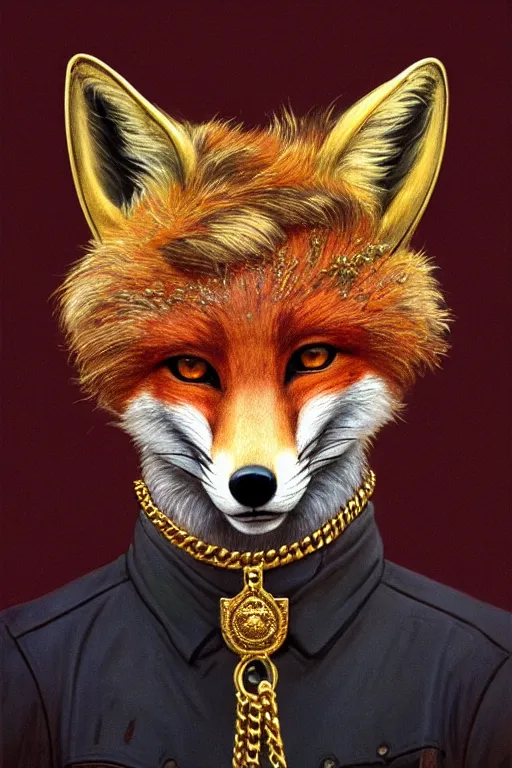 Prompt: highly detailed portrait of an anthro fox wearing a beret and gold chains and brandishing a pistol, big eyes, realistic portrait, symmetrical, highly detailed, digital painting, artstation, concept art, smooth, sharp focus, illustration, cinematic lighting, art by artgerm and greg rutkowski and alphonse mucha