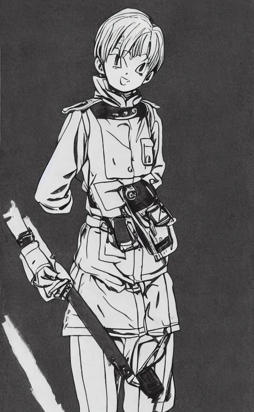 Prompt: manga, monochromatic, toriyama akira, portrait of soldier girl indicating a direction with her arm