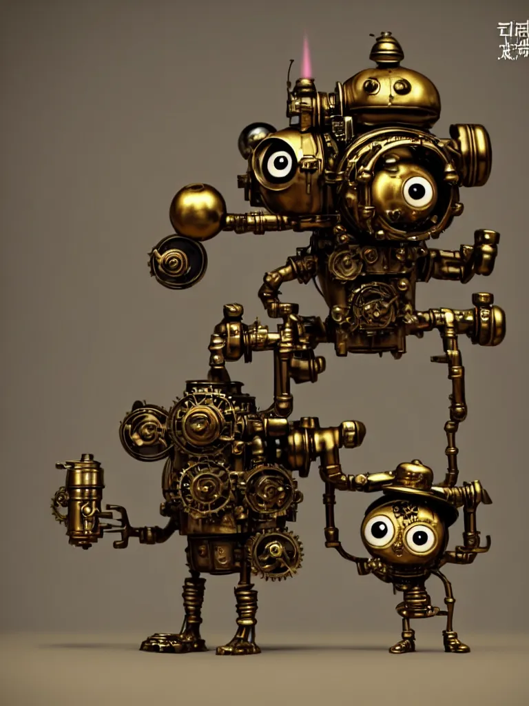 Prompt: a tiny cute steampunk dieselpunk monster with golden pistons and black belts and camshaft pulley and one small machine gun turret and one tiny missile launcher and one clock and one small jet engine and big eyes smiling and waving, back view, isometric 3d, ultra hd, character design by Mark Ryden and Pixar and Hayao Miyazaki, unreal 5, DAZ, hyperrealistic, Cycles4D render, Arnold render, Blender Render, cosplay, RPG portrait, dynamic lighting, intricate detail, summer vibrancy, cinematic, centered, focused, sharp