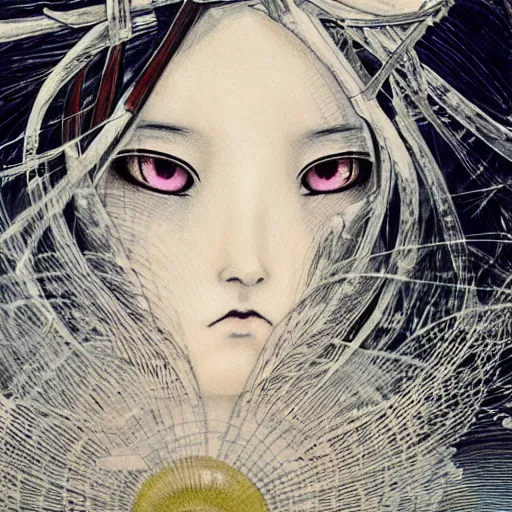 Image similar to yoshitaka amano blurred and dreamy realistic illustration of a japanese woman with black eyes, wavy white hair fluttering in the wind wearing cloak and elden ring armor with engraving, abstract patterns in the background, satoshi kon anime, noisy film grain effect, highly detailed, renaissance oil painting, weird portrait angle, blurred lost edges, three quarter view