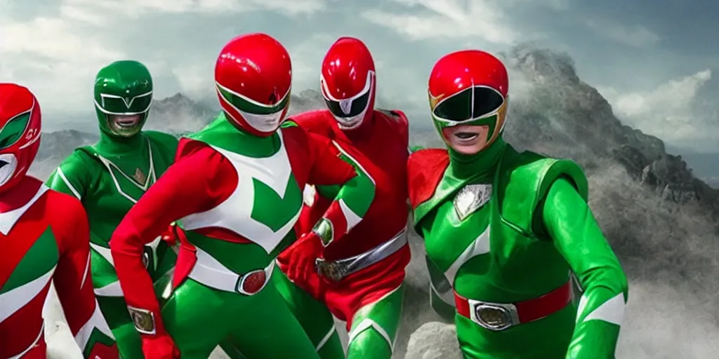 Prompt: realistic scene of red and green power rangers in war, ultra realistic, 8 k