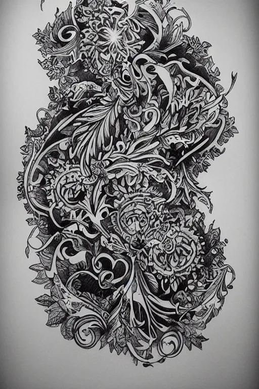 Image similar to tattoo design, leafy baroque patterns, heavy black ink, highly detailed, by Joe Fenton