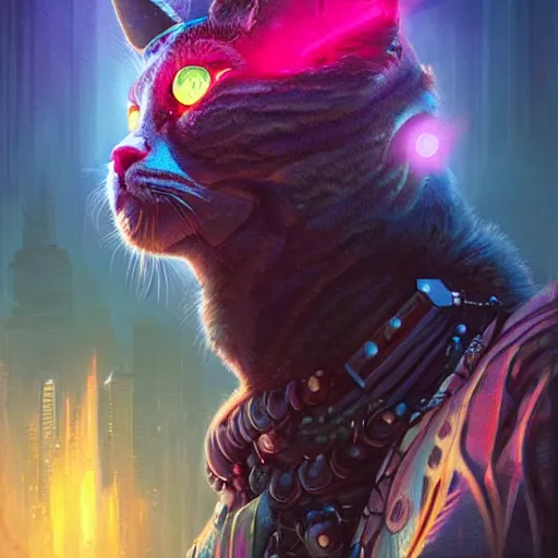 Image similar to synthwave chieftain - cat with ultradetailed aztec - headdress and big glowing cyber eyes by peter mohrbacher and emmanuel shiu and martin johnson heade and bastien lecouffe - deharme, rim light photography