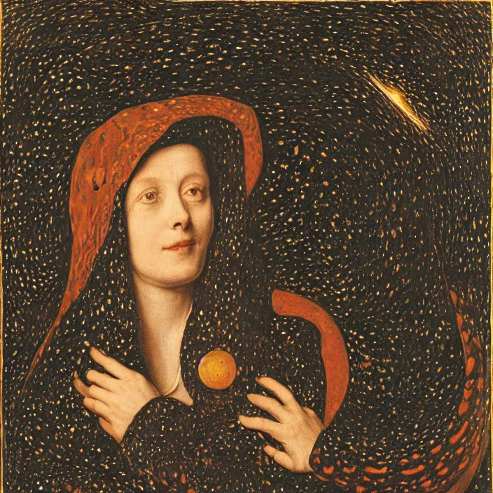 Prompt: a closeup portrait of a cloaked woman floating next to a snake nebula, snake nebula, by jan van eyck