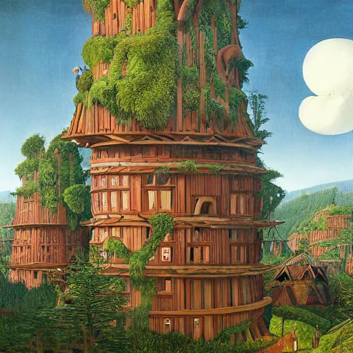 Prompt: Tlingit Maori forest of redwoods carved into towers with bulbous balconies, with a bazaar among their roots, by Studio Ghibli, Bruegel, Greg Rutkowski, and Ansel Adams, 1080p