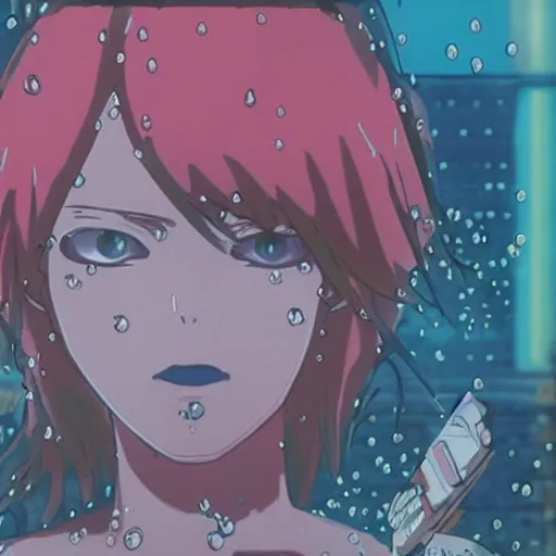 Image similar to anime of a punk cyborg woman, water particles floating in the air, finely detailed facial features, weathered drawing, film grain, bright neon lighting, dark pastel colors, drawn by satoshi kon, katsuhiro otomo