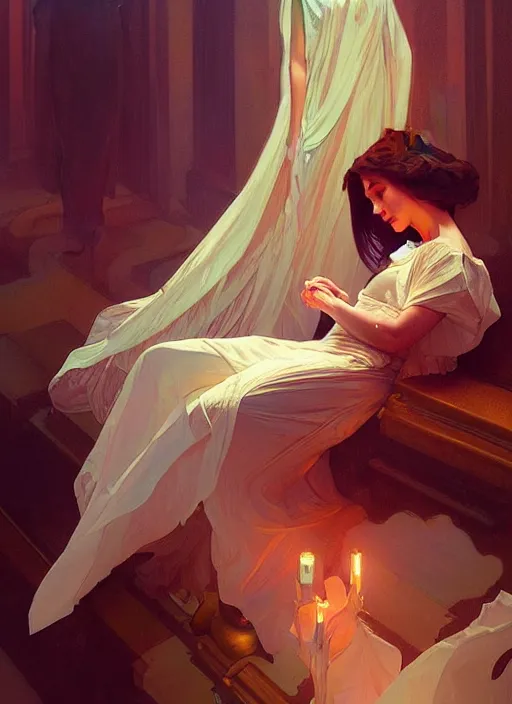 Prompt: death of a young woman in a theatre performance, digital painting, artstation, concept art, smooth, sharp focus, illustration, art by artgerm and greg rutkowski and alphonse mucha