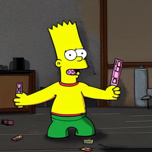 Prompt: full body action shot of Bart Simpson at the club partying and taking selfies with friends and a pile of cash in the background in GTA V or GTA VI, 8K, highly detailed, photo realistic