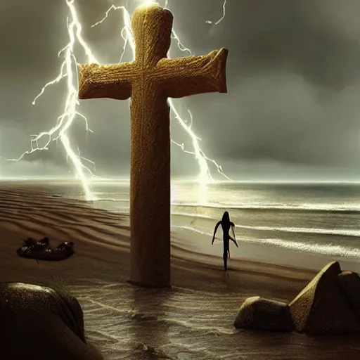 Image similar to a highly detailed tarot card of a large cross standing on the beach as a storm comes in with the tide, woman sitting in the sand watching the ocean, epic fantasy, god rays, rocky beach, ultrawide lense, aerial photography, unreal engine, exquisite detail, 8 k, art by albert bierstadt and greg rutkowski and jeong seon