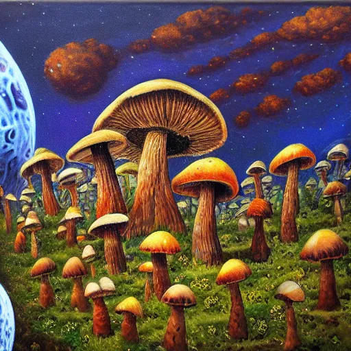 Image similar to mushroom houses spiraling into infinity, abomination, oil painting, highly detailed, 4 k