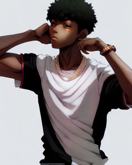 Image similar to handsome hip hop young black man, model pose, confident, anime style, scenery wallpaper aesthetic, pastel colors, symmetrical face, cinematic, dramatic, super detailed and intricate, hyper realistic, 4 k render, by artgerm, by kyoung hwan kim, by ralph mcquarrie, by yoshiyuki tomino