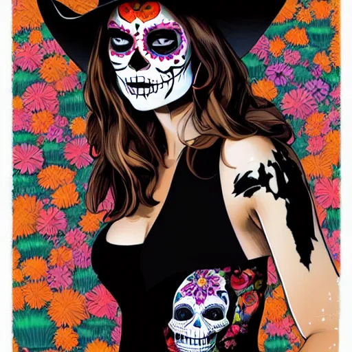 Image similar to in the style Diego Fazio and Joshua Middleton, mila kunis, skull paint, dia de Los muertos, trenchcoat, day of the dead, full body, smiling, cowboy hat