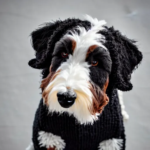 Prompt: a closeup photorealistic photograph of a cute smiling knitted bernedoodle judge dog dressed in a black gown, presiding over the courtroom. professional capture, well lit shot. this 4 k hd image is trending on artstation, featured on behance, well - rendered, extra crisp, features intricate detail, epic composition and the style of unreal engine.