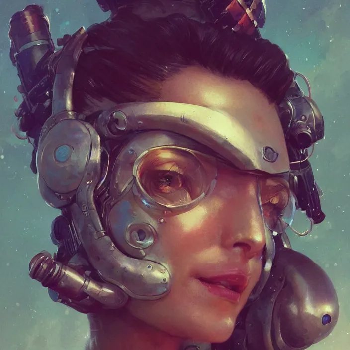 Prompt: a head and shoulders portrait of a female space pirate, neon, retro, steampunk, smooth, sharp focus, intricate, artstation, detailed concept art by Greg Rutkowski and Norman Rockwell and artgerm and Beksinski
