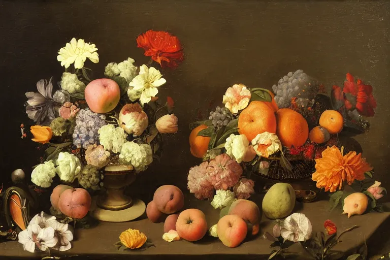 Image similar to still life in space, with flowers and fruit, in the style of the dutch masters, dark and moody