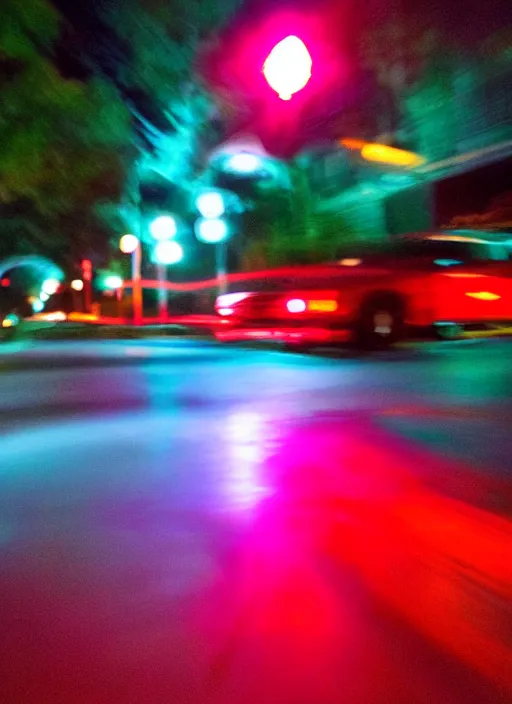 Image similar to Neon night, red lights of the car motion blur, oak alley