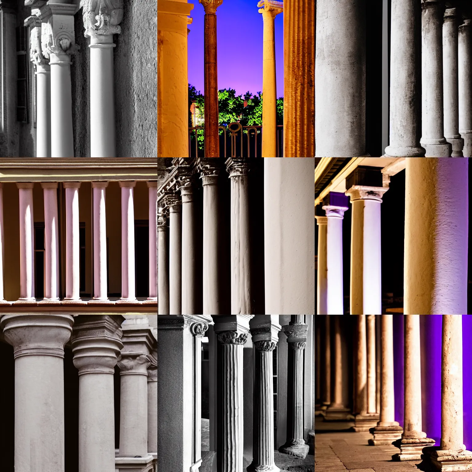 Prompt: small roman columns lining a balcony at night, with moody purple light coming from the window behind them