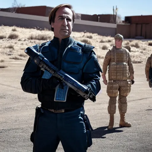 Image similar to Saul Goodman wearing heavy military gear and holding a bulletproof shield, highly detailed, 4k