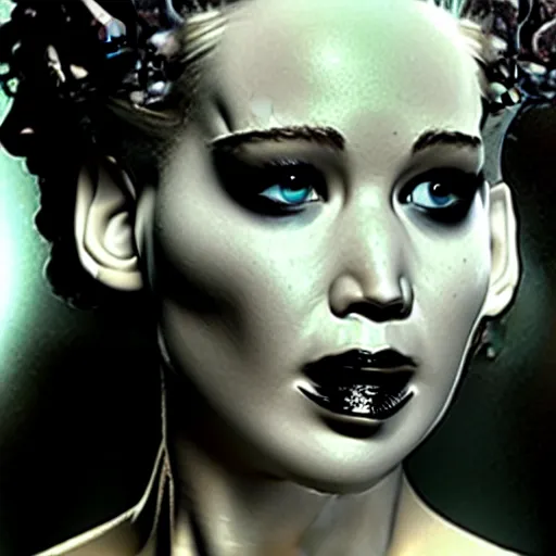 Image similar to close up detail of the face of jennifer lawrence as the bride of frankenstein, relistic,