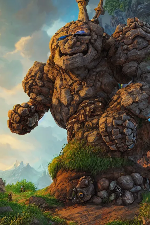 Image similar to zelda fantasy art giant golem troll wood rock greeble gemstone, global illumination ray tracing hdr fanart arstation by sung choi and eric pfeiffer and gabriel garza and casper konefal