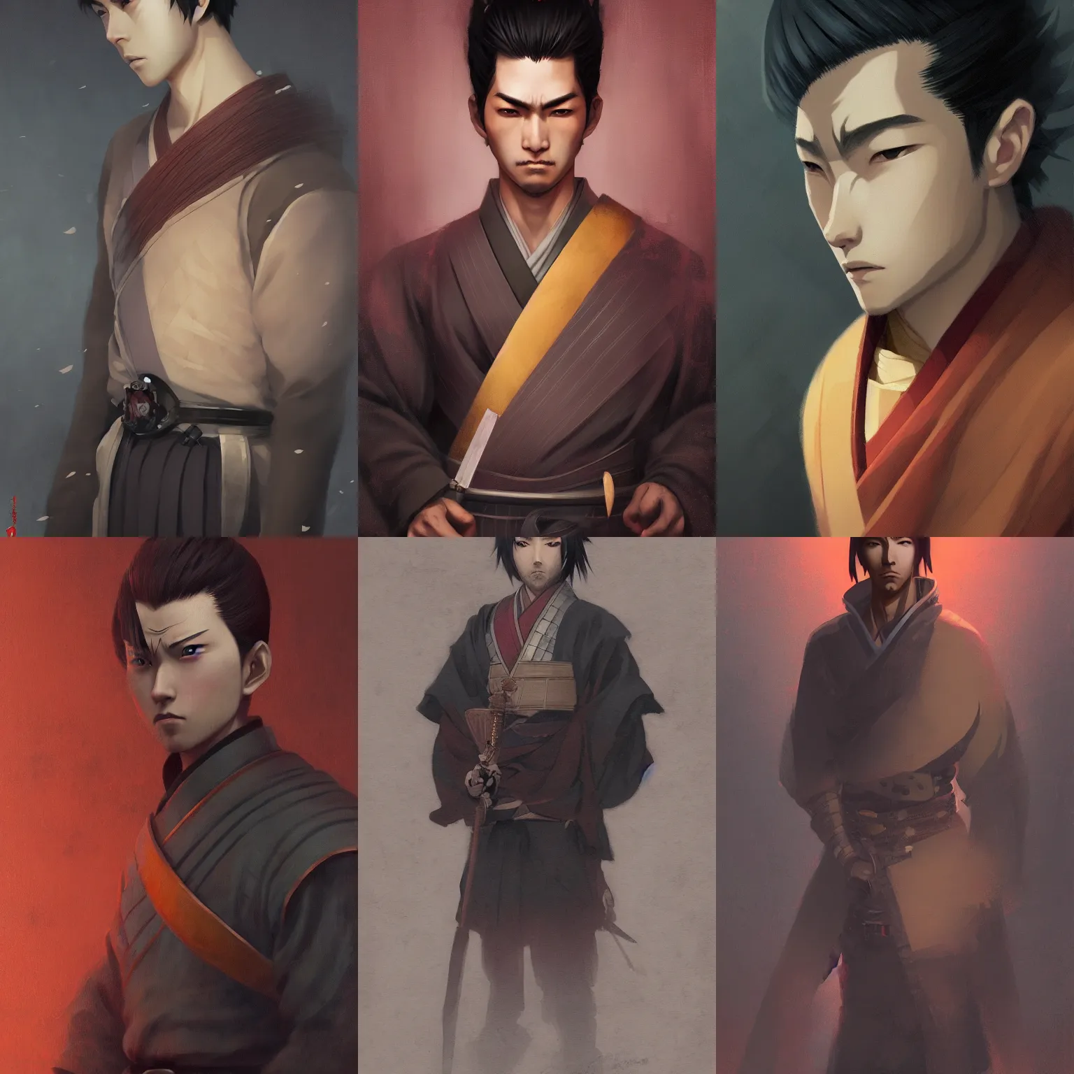 Prompt: a portrait of a male samurai, fantasy setting, dark colors, soft lighting, atmospheric, cinematic, moody, in the style of ilya kuvshinov and range murata, krenz cushart, rule of thirds, oil on canvas, 8 k