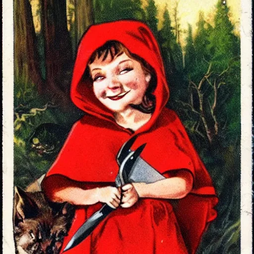 Prompt: little red riding hood smiling as she stands over a dead wolf with a bloody knife, vintage Halloween postcard