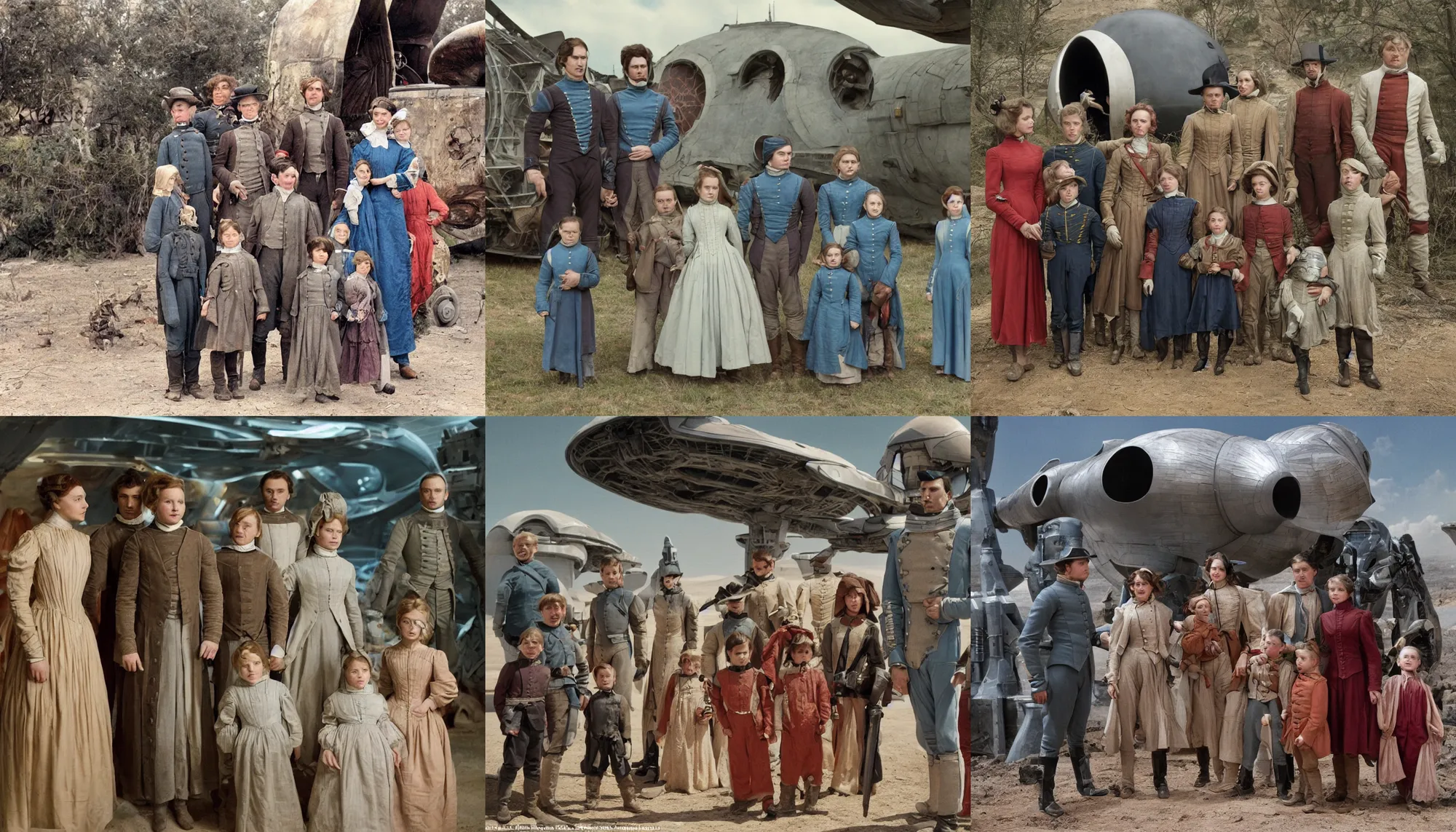 Prompt: sharp, highly detailed, 435456k film, 1612800mm film still from a sci fi blockbuster color movie made in 2019, set in 1860, of a family standing in front of a spaceship that has just landed on an alien planet, the family are all wearing 1860s era clothes, good lighting, good photography, ultra high definition
