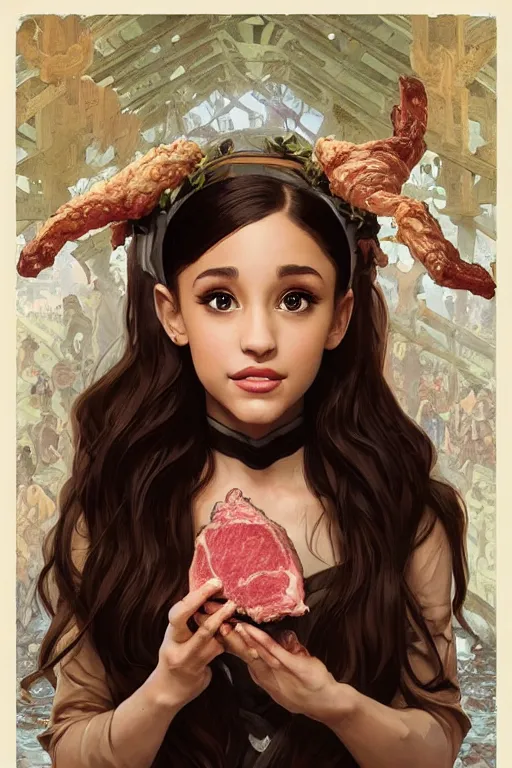 Image similar to beautiful cottagecore Ariana Grande holding a rotten chunk of meat. intricate, elegant. the background is zombies !. highly detailed, digital painting, artstation, concept art, smooth, sharp, focus, illustration. . art by artgerm and greg rutkowski and alphonse mucha