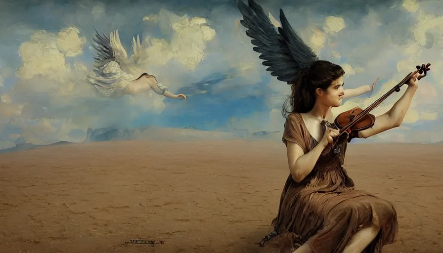 Image similar to angel with wings alone playing on a violin in the desert, oriental painting, sunny morning, russian oil painting, serov, surikov, vasnetsov, repin, kramskoi, paint texture, uplight, insanely detailed and intricate, high resolution, Charlie Bowater, Tom Bagshaw, Norman Rockwell, octane rendered, unreal engine, illustration, trending on artstation, masterpiece, 8k