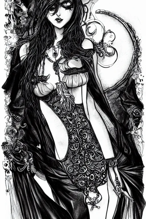 Image similar to pretty gothic sorceress wearing a tight dress with illustrious details, jewelry, ornated clothing, attractive, character concept, black and white drawing with a fine tip pen sketch