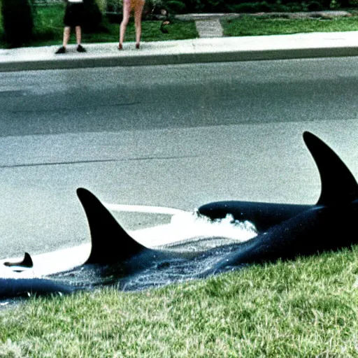 Prompt: orcas playing on a slip and slide in the suburbs, 35mm photo from 1996