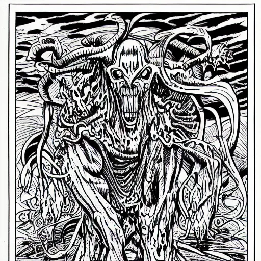 Image similar to clean simple line art of a terrifying monster from folklore. no background. well composed, clean coloring book page, beautiful detailed art. coloring book line art by steve ditko and jack kirby and greg rutkowski