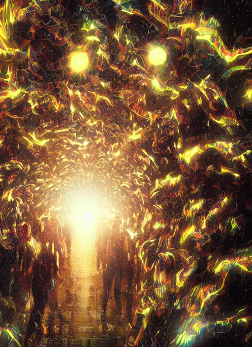 Prompt: cinematic shot epic group happy humans, hyper realistic, mood lighting, fantasy, detailed overlapping matrix of beautiful digital images, floating graphics, supercomputers text to images, beautiful singularities, highly detailed, super realistic, perfect lighting pixel sorting, style sheet