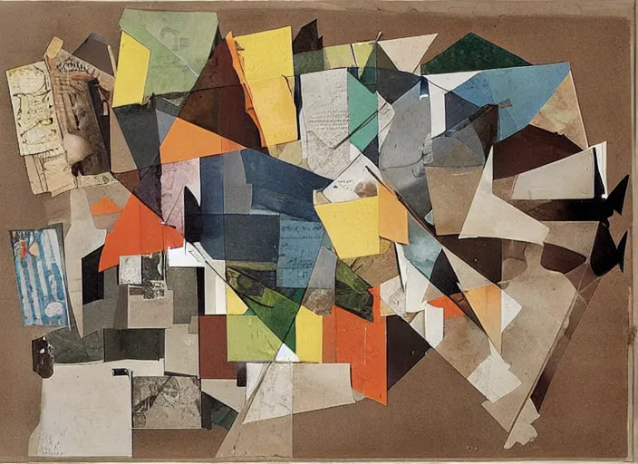 Prompt: a collage artwork by kurt schwitters, mix of geometric and organic shapes, both bright and earth colors, old photograph clippings