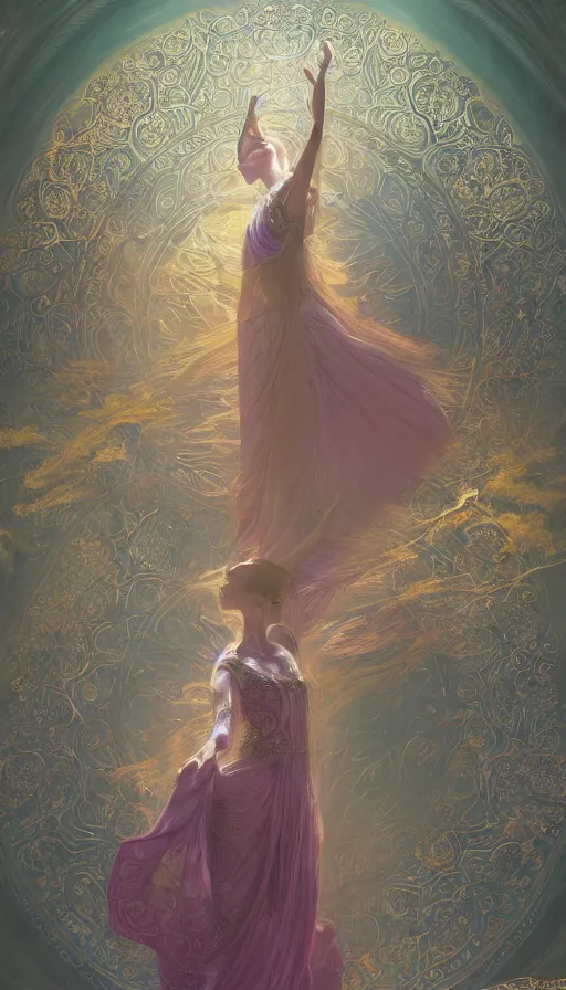 Image similar to dance meditation, madison beer, long beautiful voluminous medieval court dress with train and embroidered flowers, highly detailed, glowing, action pose, cinematic, art deco, gold filigree, ethereal, alfonso mucha, zdzisław beksinski, andrei ryabovichev, shaun tan, chriss foss, peter mohrbacher, 4 k