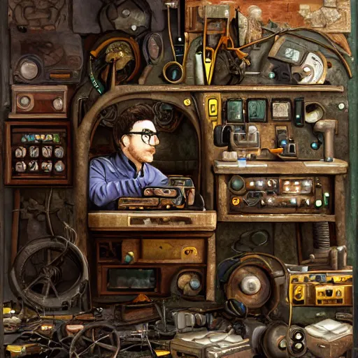 Prompt: a aesthetic portrait of a tinkerer working on ancient machines to do magic